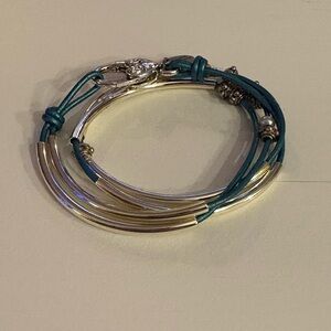 Lizzy Classic 2 Strand Silver Plated Blue Leather Wrap Bracelet